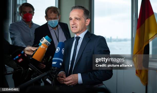 September 2021, US, New York: Heiko Maas , Foreign Minister, speaks during a press statement before a meeting of the Alliance for Multilateralism at...