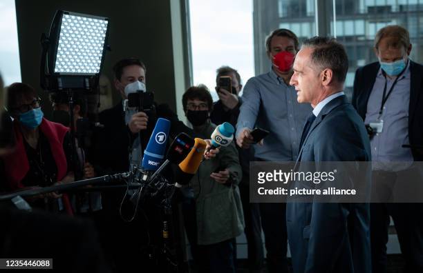September 2021, US, New York: Heiko Maas , Foreign Minister, speaks during a press statement before a meeting of the Alliance for Multilateralism at...