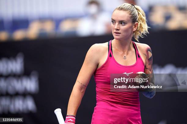 Tereza Martincova from Czech Republic reacts after winning point in her Round of 16 Singles match against Anastasia Pavlyuchenkova from Russia during...