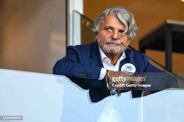 Massimo Ferrero chairman of Sampdoria looks on before the Serie A match between UC Sampdoria and SSC Napoli at Stadio Luigi Ferraris on September 23,...