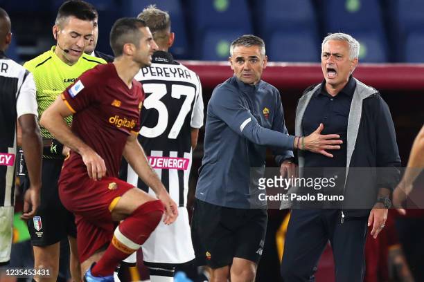 Roma head coach Jose Mourinho reacts during the Serie A match between AS Roma and Udinese Calcio at Stadio Olimpico on September 23, 2021 in Rome,...