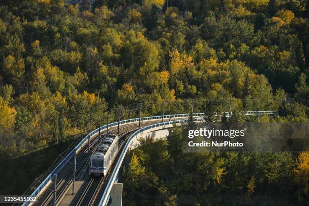 Edmonton Light Rail Transit car seen on Dudley B Menzies Bridge in Edmonton. On Thursday, 23 September 2021, in Edmonton, Alberta, Canada.