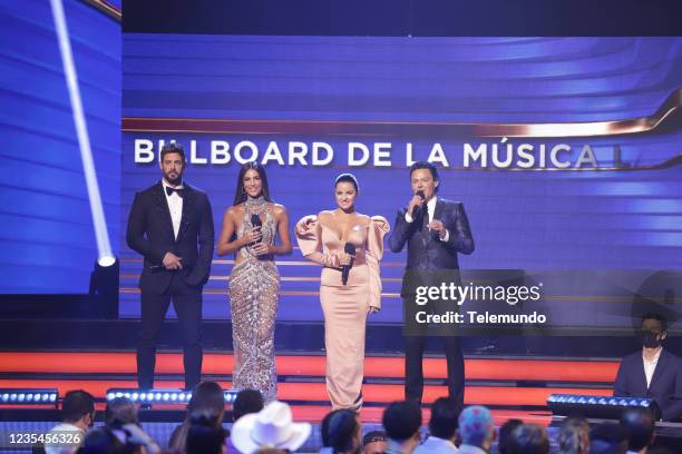 Pictured: William Levy, Gaby Espino, Maite Perroni and Pedro Fernández on stage at the Watsco Center in Coral Gables, FL on September 23, 2021 --