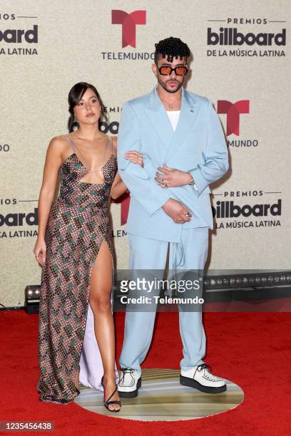 Pictured: Gabriela Berlingeri, Bad Bunny on the red carpet at the Watsco Center in Coral Gables, FL on September 23, 2021 --
