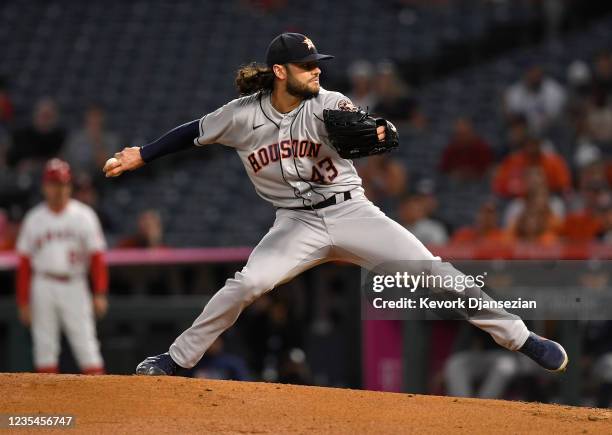 Starting pitcher Lance McCullers Jr. #43 of the Houston Astros throws against the Los Angeles Angels during the first inning at Angel Stadium of...