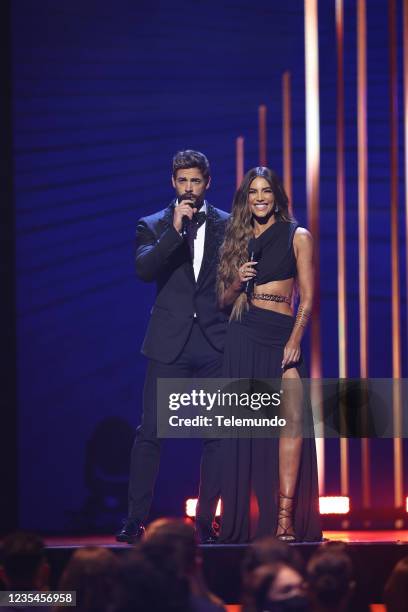 Pictured: William Levy and Gaby Espino on stage at the Watsco Center in Coral Gables, FL on September 23, 2021 --