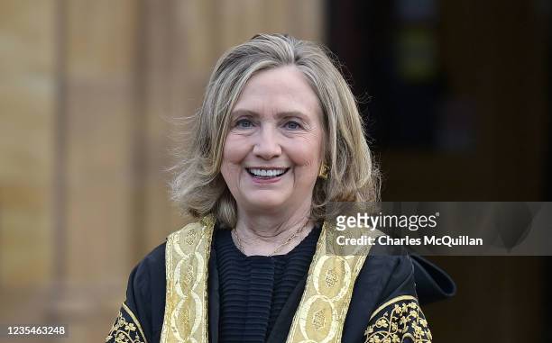 Former US First Lady and Presidential candidate Hillary Clinton pictured at Queens University on September 24, 2021 in Belfast, Northern Ireland. The...