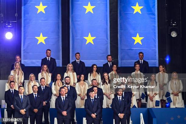 Team Europe players and their wives and girlfriends stand during the Opening Ceremony for the 43rd Ryder Cup at Whistling Straits on September 23,...