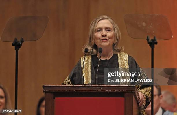Former United States Secretary of State, Hilary Clinton addresses the gathering as she is officially installed as Queen's University's 11th...