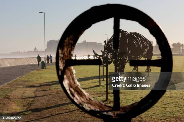 Rhino art installation by Andre Carl van der Merwe on Sea Point Promenade seen on World Rhino Day on September 22, 2021 in Cape Town, South Africa....