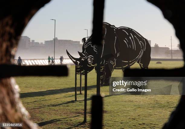 Rhino art installation by Andre Carl van der Merwe on Sea Point Promenade seen on World Rhino Day on September 22, 2021 in Cape Town, South Africa....