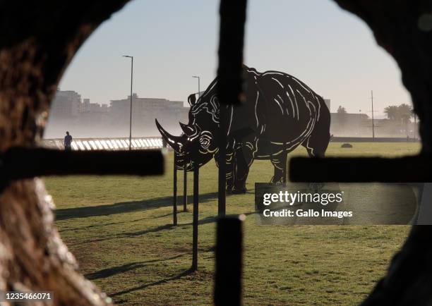 Rhino art installation by Andre Carl van der Merwe on Sea Point Promenade seen on World Rhino Day on September 22, 2021 in Cape Town, South Africa....