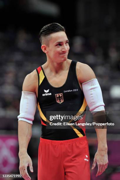 Marcel Nguyen representing Germany after competing on parallel bars in the mens artistic individual apparatus final during day 11 of the 2012 Summer...