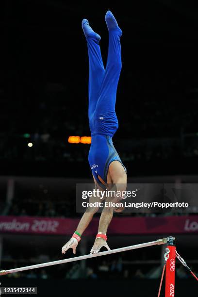 Danell Leyva representing the United States competing on horizontal bar in the mens artistic individual apparatus final during day 11 of the 2012...