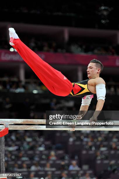 Marcel Nguyen representing Germany competing on parallel bars in the mens artistic individual apparatus final during day 11 of the 2012 Summer...