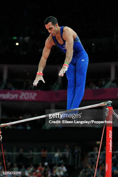 Danell Leyva representing the United States competing on horizontal bar in the mens artistic individual apparatus final during day 11 of the 2012...