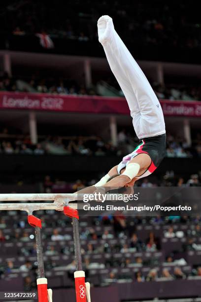 Daniel Corral representing Mexico competing on parallel bars in the mens artistic individual apparatus final during day 11 of the 2012 Summer...