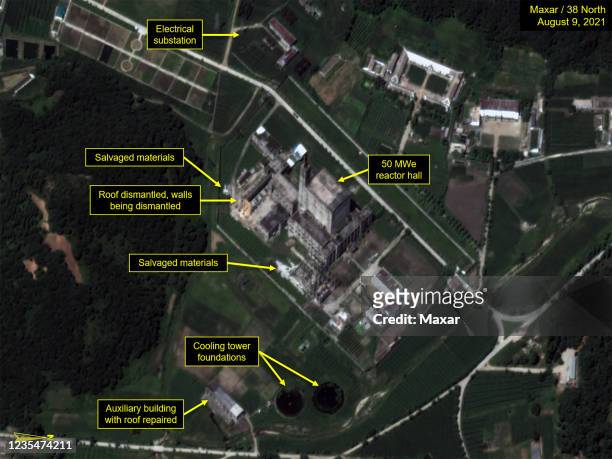 Figure 1B. Dismantlement activity at Yongbyon 50 MWe Reactor's spent fuel pond, August 9, 2021. Analysis by 38 North. Please use: Satellite image...