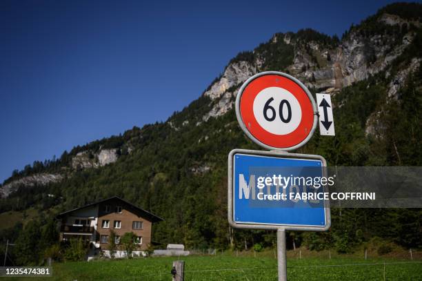 Picture taken on September 24, 2021 shows the entrance to the Swiss village of Mitholz. - The tiny Swiss village of Mitholz will have to be evacuated...