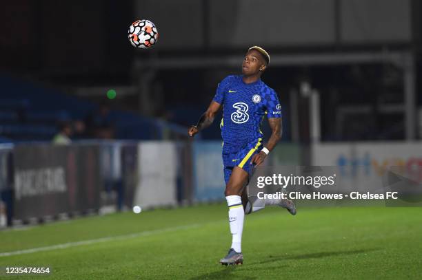 Charly Musonda of Chelsea chases the ball during the Premier League 2 match between Chelsea and Liverpool on September 24, 2021 in Kingston upon...