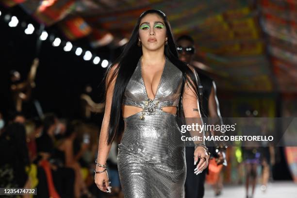 Madonna's daughter Lourdes Maria Ciccone presents a creation for Versace's Women's Spring-Summer 2022 collection during the Fashion Week in Milan on...