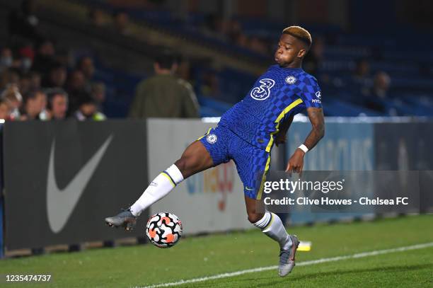 Charly Musonda of Chelsea chases the ball during the Premier League 2 match between Chelsea and Liverpool on September 24, 2021 in Kingston upon...