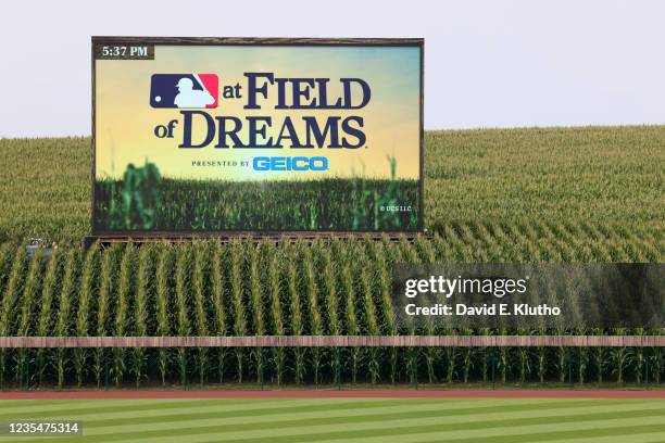 View of digital scorebaord in cornfield before Chicago White Sox vs New York Yankees game at Field of Dreams Movie Site. Dyersville, IA 8/12/2021...
