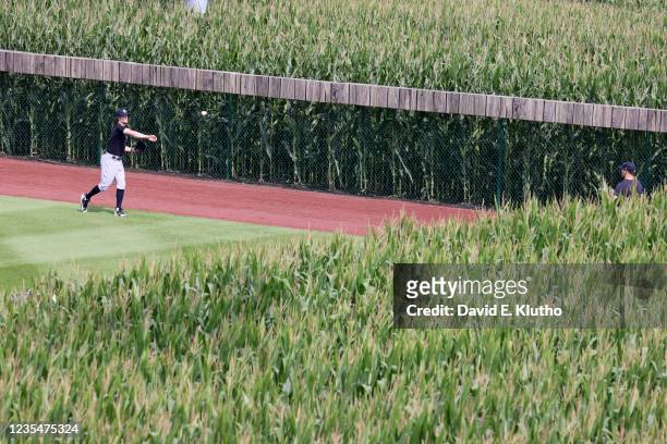 New York Yankees Gerrit Cole warming up in outfield before game vs Chicago White Sox at Field of Dreams Movie Site. Dyersville, IA 8/12/2021 CREDIT:...