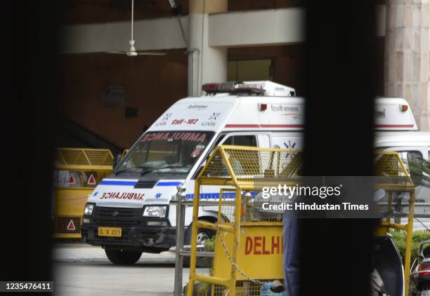 Ambulance carrying the bodies after a gangster and his two assailants were killed in firing at Rohini district court on September 24, 2021 in New...