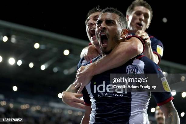 Karlan Grant of West Bromwich Albion celebrates after scoring a goal to make it 2-1 during the Sky Bet Championship match between West Bromwich...
