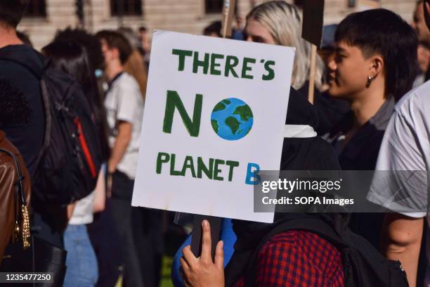 Protester holds a 'There's No Planet B' placard during the demonstration in Parliament Square. Hundreds of people marched in the capital as part of...