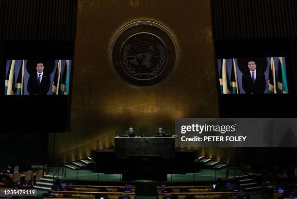 Prime Minister of Jamaica, Andrew Holness addresses, via prerecorded video, the General Debate of the 76th Session of the United Nations General...