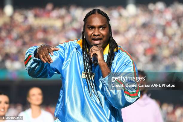 Baker Boy performs at the pre-show during the 2021 Toyota AFL Grand Final match between the Melbourne Demons and the Western Bulldogs at Optus...