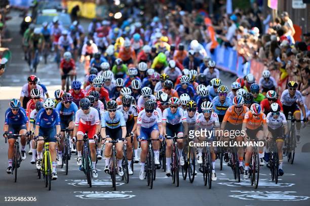 The pack rides during the women's elite cycling road race 7km from Antwerp to Leuven, on the seventh day of the Flanders 2021 UCI Road World...