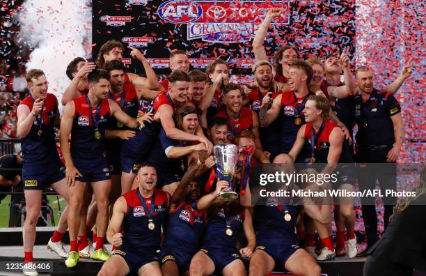 The Demons celebrate after the 2021 Toyota AFL Grand Final match between the Melbourne Demons and the Western Bulldogs at Optus Stadium on September...