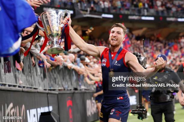 Jack Viney of the Demons celebrates during the 2021 Toyota AFL Grand Final match between the Melbourne Demons and the Western Bulldogs at Optus...