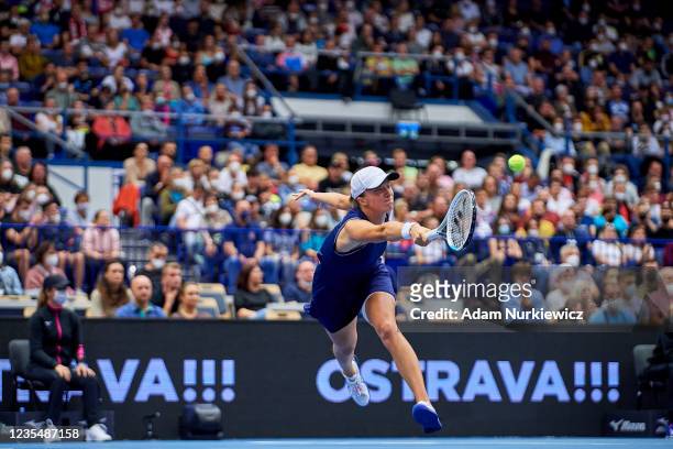 Iga Swiatek from Poland plays a forehand against Maria Sakkari from Greece in Semifinal Singles match during Day 6 of the J&T Banka Ostrava Open 2021...