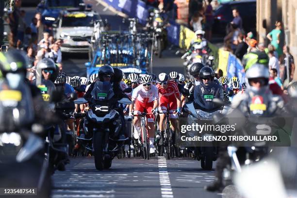 The pack rides during the women's elite cycling road race 7km from Antwerp to Leuven, on the seventh day of the Flanders 2021 UCI Road World...