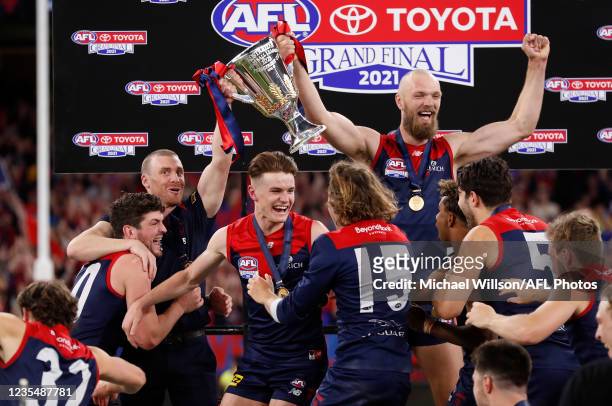 The Demons celebrate after the 2021 Toyota AFL Grand Final match between the Melbourne Demons and the Western Bulldogs at Optus Stadium on September...