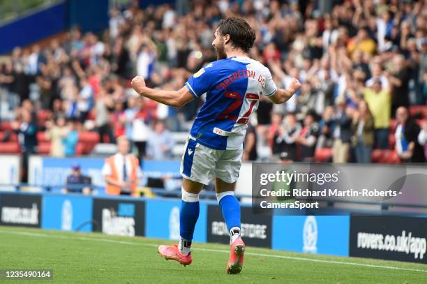 Blackburn Rovers' Ben Brereton celebrates scoring his side's second goal during the Sky Bet Championship match between Blackburn Rovers and Cardiff...