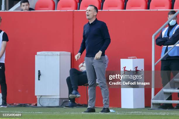 Head coach Christian Preusser of Fortuna Duesseldorf gestures during the Second Bundesliga match between FC Ingolstadt 04 and Fortuna Duesseldorf at...