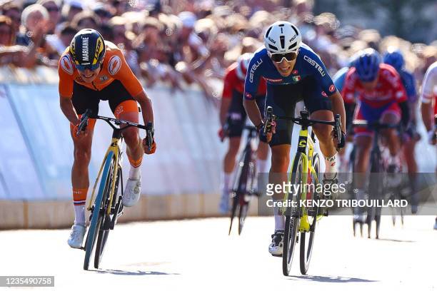 Italy's Elisa Balsamo sprints to the finish line to win ahead of Netherlands' Marianne Vos during the women's elite cycling road race 7km from...