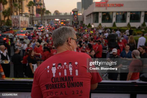 Union members and supporters march along the Strip during a Culinary Union 'We Will Come Back Stronger!' rally in Las Vegas, Nevada, U.S., on Friday,...