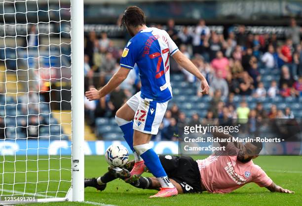Blackburn Rovers' Ben Brereton scores his side's third goal during the Sky Bet Championship match between Blackburn Rovers and Cardiff City at Ewood...