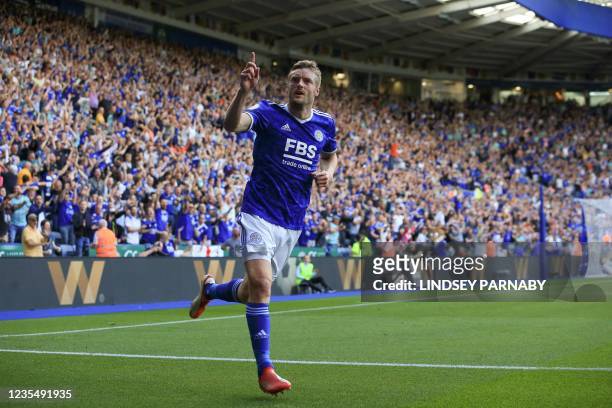 Leicester City's English striker Jamie Vardy celebrates scoring his team's second goal during the English Premier League football match between...