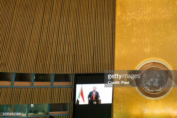 Prime Minister of Sudan Abdalla Hamdok remotely addresses the 76th Session of the U.N. General Assembly by pre-recorded video at U.N. Headquarters on...