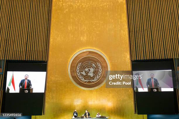 Prime Minister of Sudan Abdalla Hamdok remotely addresses the 76th Session of the U.N. General Assembly by pre-recorded video at U.N. Headquarters on...