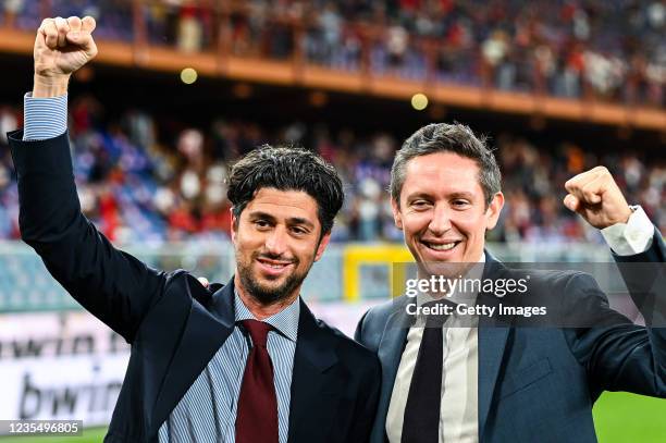 Josh Wander and Juan Arciniegas co-owners of Genoa greet the crowd before the Serie A match between Genoa CFC and Hellas Verona FC at Stadio Luigi...
