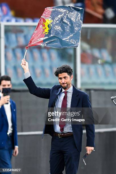 Josh Wander co-owner of Genoa greets the crowd before the Serie A match between Genoa CFC and Hellas Verona FC at Stadio Luigi Ferraris on September...