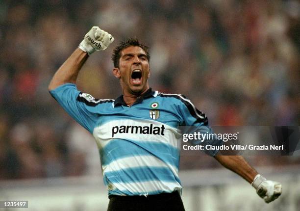 Parma's Gianluigi Buffon celebrates during the Serie A match between Inter Milan and Parma played at the San Siro in Milan, Italy. Inter won the...